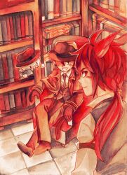 12tailsonline 2boys book bookshelf couch detective highres mike_(12tailsonline) monkey_(12tailsonline) multiple_boys red_hair shizu_aideioo wolf_(12tailsonline)