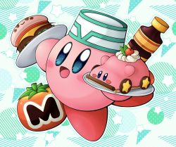 Rule 34 | blush stickers, bottle, burger, cake, car-mouth cake, cherry, colored skin, food, fruit, full body, hat, highres, holding, holding plate, kirby, kirby (series), kirby and the forgotten land, kirby burger, looking at viewer, maxim tomato, nintendo, no humans, open mouth, pink skin, plate, slys (jesterdysphoria), smile, solo, star (symbol), tongue