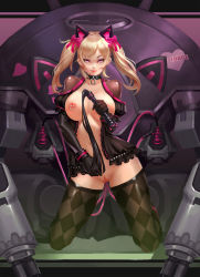 Rule 34 | 1girl, adapted costume, alternate eye color, animal ears, argyle, argyle clothes, argyle legwear, babydoll, bad id, bad pixiv id, black cat d.va, black dress, black gloves, black thighhighs, blcat4444, blonde hair, bow, breasts, breasts out, cat ears, checkered clothes, checkered legwear, choker, cleavage, collarbone, contrapposto, d.va (overwatch), dress, eyeliner, full body, gloves, heart, highres, holding, holding whip, hose, kneeling, large breasts, light smile, lips, lolita fashion, long sleeves, looking at viewer, makeup, mecha, medium hair, meka (overwatch), navel, nipple piercing, nipple rings, nipples, no panties, object insertion, official alternate costume, overwatch, overwatch 1, piercing, pink bow, pink lips, puffy sleeves, purple eyes, pussy, robot, seductive smile, smile, solo, thighhighs, tube, twintails, uncensored, vaginal, vaginal object insertion, whip