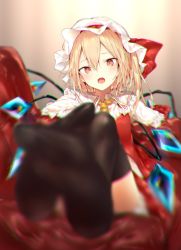 Rule 34 | 1girl, ascot, black thighhighs, blonde hair, blurry, blurry foreground, chromatic aberration, couch, crystal, depth of field, feet, flandre scarlet, foot focus, foreshortening, hair between eyes, hat, hat ribbon, head tilt, highres, long hair, looking at viewer, lying, mob cap, on back, open mouth, red eyes, red ribbon, red skirt, red vest, ribbon, sakusyo, skirt, skirt set, slit pupils, solo, thighhighs, thighs, touhou, vest, white hat, wings, yellow ascot