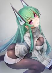 Rule 34 | 1girl, ass, bad id, bad twitter id, bodystocking, bodysuit, breasts, butt crack, cleavage, cleavage cutout, clothing cutout, female focus, gloves, green hair, grimace, headgear, highres, jpeg artifacts, large breasts, long hair, looking at viewer, meme attire, menou kaname (taishi), open-chest sweater, original, purple eyes, short shorts, shorts, solo, sweater, taishi (picchiridou)