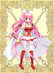Rule 34 | armored dress, breasts, large breasts, long hair, pink hair, red eyes, ribbon, sword, weapon