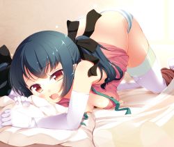 Rule 34 | 1girl, ayame (komone ushio), bad id, bad pixiv id, black hair, blush, breast press, breasts, cleavage, elbow gloves, gloves, komone ushio, open mouth, original, panties, pillow, red eyes, ribbon, solo, striped clothes, striped panties, tears, thighhighs, twintails, underwear, white gloves, white thighhighs