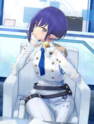Rule 34 | 1girl, absurdres, aoi (blue archive), blue archive, blue eyes, blue hair, blue necktie, buttons, commentary, cropped jacket, double-breasted, earclip, epaulettes, gloves, halo, head rest, highres, indoors, jacket, juice box, long skirt, looking at viewer, mechanical halo, mole, mole under eye, necktie, open mouth, piisu, pleated skirt, pointy ears, short hair, sideways glance, sitting, skirt, solo, white gloves, white jacket