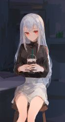 Rule 34 | 1girl, absurdres, black sweater, blush, closed mouth, cup, dark background, disposable cup, feet out of frame, grey hair, highres, holding, holding cup, ichika (ichika87), indoors, long sleeves, looking at viewer, original, red eyes, sitting, skirt, solo, stool, sweater, table, two-handed, white skirt