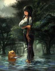 Rule 34 | 1girl, barefoot, black hair, breast hold, breasts, emuson, forest, full body, highres, holding own arm, huge breasts, long hair, nature, original, outdoors, pants, pig, realistic, sleeves rolled up, wading, water