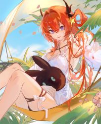 Rule 34 | 1girl, :p, arknights, bare legs, blue sky, criss-cross halter, day, dress, feet out of frame, hair between eyes, hair intakes, hair ornament, hair rings, halterneck, hammock, highres, horns, jinyusuiyu, knees up, long hair, looking at viewer, official alternate costume, outdoors, purple eyes, red hair, sitting, sky, smile, solo, star (symbol), star hair ornament, surtr (arknights), surtr (colorful wonderland) (arknights), thigh strap, thighs, tongue, tongue out, very long hair, white dress