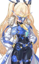 Rule 34 | 1girl, armor, black bodysuit, blonde hair, blue eyes, blush, bodysuit, breastplate, closed mouth, coat, cowboy shot, elazale, fur collar, goddess of victory: nikke, hands on own hips, headgear, highres, laplace (nikke), long hair, looking at viewer, mask, sidelocks, simple background, smile, solo, twintails, two-tone gloves, white background, white coat