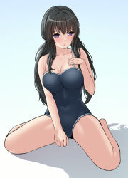 Rule 34 | 1girl, absurdres, alternate hairstyle, bang dream!, bare arms, bare legs, bare shoulders, barefoot, between legs, black hair, blue background, blue one-piece swimsuit, blush, breasts, cleavage, collarbone, commentary, competition school swimsuit, covered navel, full body, gradient background, grey background, groin, hand between legs, highres, large breasts, long hair, looking at viewer, low twintails, one-piece swimsuit, parted lips, ptal, purple eyes, raised eyebrows, school swimsuit, shadow, shirokane rinko, sidelocks, sitting, solo, swimsuit, twintails, yokozuwari
