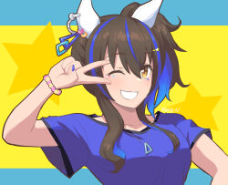 Rule 34 | 1girl, animal ears, bead bracelet, beads, blue background, blue hair, blue shirt, bracelet, brown hair, colored inner hair, commentary request, daitaku helios (umamusume), ear covers, ear piercing, facial tattoo, hair ornament, hairclip, highres, horse ears, jewelry, looking at viewer, mukakin, multicolored hair, one eye closed, piercing, shirt, short hair, short sleeves, side ponytail, smile, solo, tattoo, teeth, two-tone background, umamusume, v, yellow background, yellow eyes