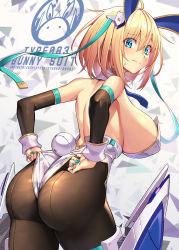 Rule 34 | 1girl, :|, adjusting clothes, adjusting leotard, animal ears, aqua nails, ass, blonde hair, blue eyes, breasts, closed mouth, elbow gloves, fake animal ears, feet out of frame, from behind, gloves, highres, large breasts, leotard, logo, looking at viewer, mecha musume, nail polish, original, pantyhose, playboy bunny, rabbit ears, rabbit tail, short hair, sideboob, sleeve cuffs, solo, sweatdrop, tail, takamine nadare