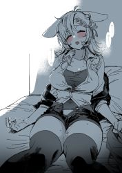 Rule 34 | 1girl, after masturbation, against wall, animal ears, arknights, bed sheet, blonde hair, blush, braid, breasts, collarbone, collared shirt, covered navel, ears down, closed eyes, facing viewer, hair ribbon, highres, jacket, kroos (arknights), kroos the keen glint (arknights), large breasts, leaning back, long sleeves, monochrome, off shoulder, on bed, open clothes, open fly, open jacket, open mouth, open shirt, pillow, pussy juice, rabbit ears, ribbon, shirt, short shorts, shorts, sitting, solo, spot color, thick thighs, thighhighs, thighs, yukataro