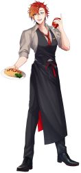 Rule 34 | 1boy, :d, absurdres, akaie11, alternate costume, aqua eyes, black footwear, black pants, black vest, bottle, broccoli, collared shirt, earrings, food, full body, grey shirt, highres, hizaki gamma, holding, holding bottle, holding plate, holostars, jewelry, ketchup bottle, looking at viewer, loose necktie, male focus, multicolored hair, name tag, necktie, omelet, omurice, open collar, open mouth, orange hair, oxfords, pants, pectoral cleavage, pectorals, plate, purple hair, red hair, red necktie, shirt, shoes, short hair, simple background, smile, solo, streaked hair, swept bangs, teeth, upper teeth only, vest, virtual youtuber, waiter, white background