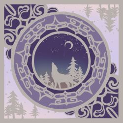 Rule 34 | animal, border, chengongzi123, constellation, crescent moon, golden kamuy, gradient background, grey border, highres, howling, moon, night, night sky, no humans, ornate, purple background, purple theme, sky, star (sky), starry sky, tree, wolf