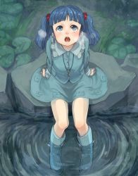 Rule 34 | 1girl, blue eyes, blue hair, blush, boots, hair bobbles, hair ornament, highres, kawashiro nitori, key, matching hair/eyes, meiji (charisma serve), open mouth, rubber boots, short hair, sitting, solo, touhou, twintails, two side up, water