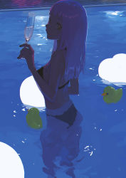 Rule 34 | 1girl, absurdres, bikini, black bikini, champagne flute, cup, dark, drinking glass, from behind, highres, holding, holding cup, k1llg, night, original, partially submerged, pool, refraction, rubber duck, silver hair, solo, swimsuit, wading, yellow eyes
