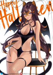 Rule 34 | 1girl, bare arms, bare shoulders, bat wings, black hair, black nails, blonde hair, blue eyes, breasts, chair, cleavage, commentary request, dehya (genshin impact), fake wings, fishnet thighhighs, fishnets, genshin impact, groin, hair between eyes, happy halloween, helloimtea, highres, large breasts, long hair, looking at viewer, multicolored hair, nail polish, o-ring, partial commentary, pink lips, pointy hair, sitting, solo, streaked hair, thighhighs, thighs, very long hair, wings