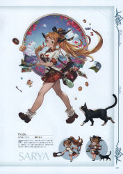 Rule 34 | 1girl, absurdres, animal, bag, blonde hair, blue sky, bow, bowtie, breasts, candy, cat, character name, cloud, doughnut, draph, flower, food, full body, glasses, granblue fantasy, green eyes, hair ornament, highres, holding, horns, ice cream, large breasts, long hair, looking at viewer, map, minaba hideo, official art, parted lips, pleated skirt, pointy ears, ponytail, pudding, sarya (granblue fantasy), scan, shirt, shoes, short sleeves, simple background, single horn, skirt, sky, smile, spoon