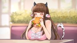 Rule 34 | 1girl, animal ear fluff, animal ears, bare shoulders, blurry, blurry background, blush, breasts, brown hair, burger, cleavage, closed eyes, cow ears, cow girl, cow horns, cow tail, ear ornament, ear piercing, eating, food, food in mouth, highres, holding, holding food, horns, indie virtual youtuber, jewelry, jirafuru, kitsu the cow, large breasts, mega milk, meme attire, mole, mole on breast, nose piercing, piercing, shiny skin, solo, table, tail
