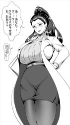 Rule 34 | 10s, 1girl, breasts, drawperson, executive mishiro, huge breasts, idolmaster, idolmaster cinderella girls, japanese text, lab coat, monochrome, pantyhose, skirt, solo, translated