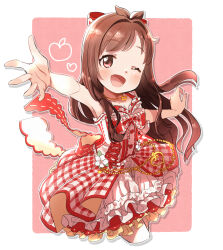 Rule 34 | 1girl, ;d, armpits, bare arms, blush, bow, brown hair, cropped legs, dress, hair bow, hair intakes, idolmaster, idolmaster cinderella girls, long hair, looking at viewer, one eye closed, open mouth, outstretched arm, pink background, plaid, plaid dress, red bow, red dress, red eyes, sleeveless, sleeveless dress, smile, solo, tsujino akari, two-tone background, very long hair, white background, yukie (kusaka shi)