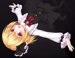 Rule 34 | 1girl, adapted costume, black pantyhose, blonde hair, colored eyelashes, hair ribbon, highres, kitou kaitai, open mouth, outstretched arms, pantyhose, red eyes, ribbon, rumia, solo, touhou, upside-down