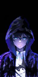 Rule 34 | 1boy, black background, black cloak, black hair, blue eyes, chinese commentary, circle of inevitability, cloak, closed mouth, collared shirt, commentary request, dark, glowing, glowing eyes, highres, hood, hood up, hooded cloak, looking at viewer, lord of the mysteries, lumian lee, shaded face, shirt, short hair, simple background, smile, solo, spoilers, straight-on, white shirt, wuling52111