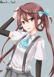 Rule 34 | 10s, 1girl, anti (untea9), arm up, arm warmers, asagumo (kancolle), blue eyes, bow, brown hair, dress shirt, grey background, hair between eyes, hair bow, hair ribbon, hair rings, hand on own head, highres, kantai collection, long hair, looking at viewer, open mouth, pleated skirt, ribbon, school uniform, serafuku, shirt, grey eyes, simple background, skirt, solo, suspenders, twintails, twitter username
