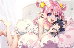 Rule 34 | 1girl, animal ear fluff, animal ears, ass, bare shoulders, breasts, cleavage, couch, feet, hair ornament, hatsune (princess connect!), highres, indoors, legs, long hair, looking at viewer, lying, medium breasts, on stomach, open mouth, pajamas, pillow, pink hair, pointy ears, princess connect!, princess connect!, purple eyes, shiori (princess connect!), solo, stuffed animal, stuffed toy, tail, thighs, yansun