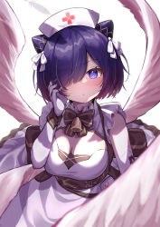 Rule 34 | 1girl, absurdres, alternate costume, azur lane, blush, bob cut, breasts, classic (zildjian33), cleavage, commentary request, detached sleeves, enmaided, feathers, gloves, hair ornament, hat, highres, jervis (azur lane), looking at viewer, maid, medium breasts, nurse cap, purple eyes, purple hair, ribbon, simple background, white background, wings