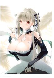 Rule 34 | 1girl, absurdres, animal, azur lane, bare shoulders, between breasts, bird, bird on hand, black dress, black nails, bow, breasts, cleavage, closed mouth, collarbone, commentary, detached collar, dress, earrings, formidable (azur lane), frilled dress, frills, futaba miwa, grey hair, hair bow, hair ornament, hand up, highres, jewelry, large breasts, long hair, long sleeves, looking at viewer, nail polish, page number, parted lips, red eyes, scan, simple background, upper body, water, water drop