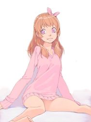 Rule 34 | 1girl, aikatsu!, aikatsu! (series), akinbo (hyouka fuyou), barefoot, bow, braid, brown hair, collarbone, crown braid, hair bow, long hair, looking at viewer, naked sweater, ozora akari, pink bow, pink eyes, pink sweater, simple background, sitting, sketch, smile, soles, solo, sweater, white background
