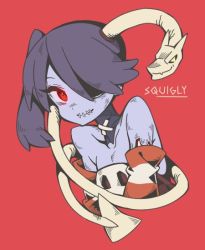 Rule 34 | 1girl, bare shoulders, black hair, character name, glowing, glowing eye, hair over one eye, leviathan (skullgirls), looking at viewer, ori (yellow duckling), red eyes, side ponytail, skullgirls, smile, squigly (skullgirls), stitched mouth, stitches, zombie