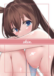 Rule 34 | 1girl, alternate breast size, amiya (arknights), animal ears, arknights, bare shoulders, bikini, blue eyes, blush, breasts, brown hair, closed mouth, english text, from side, knees to chest, knees up, large breasts, long hair, looking at viewer, looking to the side, ponytail, rabbit ears, sideboob, sitting, solo, swimsuit, untied bikini, upper body, very long hair, white bikini, yume (i think.)