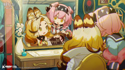 Rule 34 | 2girls, animal ear fluff, animal ears, arknights, bare shoulders, black bow, black collar, black hairband, blonde hair, blue jacket, blush, bottle, bow, braid, brown shirt, brushing another&#039;s hair, brushing hair, cat ears, chair, chibi, collar, comb, company name, copyright name, drawer, flower, goldenglow (arknights), hair bow, hairband, highres, holding, holding comb, indoors, jacket, lightning bolt print, long hair, long sleeves, mirror, multicolored clothes, multicolored jacket, multiple girls, official art, open clothes, open jacket, open mouth, picture frame, pink hair, pink jacket, plant, potted plant, print bow, print hairband, quercus (arknights), shirt, sitting, two-tone jacket, vase, white flower, white jacket, white shirt, yellow eyes