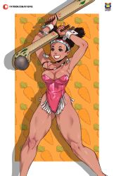 Rule 34 | 1girl, absurdres, armpits, arms up, black hair, breasts, brown eyes, capcom, carrot, carrot background, cleavage, club (weapon), fringe trim, headband, highres, holding, holding club, holding weapon, jewelry, kyoffie, large breasts, leotard, lily hawk, medium breasts, necklace, playboy bunny, pogamoggan, strapless, strapless leotard, street fighter, street fighter 6, toned, weapon