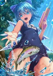 Rule 34 | 1girl, animal, bare arms, bare legs, bare shoulders, black one-piece swimsuit, blue bow, blue eyes, blue hair, blue one-piece swimsuit, bow, cirno, covered navel, cowboy shot, fairy, fish, hair between eyes, hair bow, highres, hijikawa arashi, holding, holding water gun, ice, ice wings, name tag, one-piece swimsuit, open mouth, school swimsuit, short hair, smile, solo, swimsuit, touhou, water gun, wings