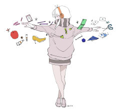 Rule 34 | 1girl, antenna hair, apple, bandaid, blush, card, cellphone, closed eyes, covered mouth, crossed legs, dated, enpera, facing to the side, fish, flip phone, food, from behind, fruit, full body, glasses, goldfish, high heels, highres, jacket, long hair, long sleeves, nishida (pixiv 50671594), orbited, outstretched arms, paper airplane, pen, phone, playing card, profile, purple footwear, purple jacket, purple scarf, purple skirt, scarf, scarf over mouth, scissors, shoes, sidelocks, simple background, skirt, solo, sparkle, spread arms, standing, striped clothes, striped scarf, strobe last (vocaloid), tube, unworn eyewear, unworn shoe, vocaloid, watson cross, white background, white hair