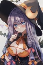 Rule 34 | 1girl, absurdres, alternate costume, alternate eye color, bat (animal), black hat, blue eyes, blush, bow, breasts, cleavage, closed mouth, crescent, crescent pin, dress, hair bow, halloween costume, hat, highres, large breasts, long hair, looking at viewer, maho moco, orange bow, patchouli knowledge, purple hair, red bow, simple background, solo, sweatdrop, touhou, upper body, very long hair, witch hat, wrist cuffs