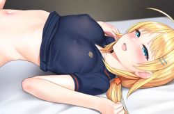 Rule 34 | 1girl, ahoge, arched back, blonde hair, blue eyes, blush, breasts, collarbone, commentary request, covered erect nipples, hachimiya meguru, half-closed eyes, idolmaster, idolmaster shiny colors, kanzaki muyu, long hair, low twintails, lying, medium breasts, navel, no bra, no panties, on back, on bed, open mouth, out-of-frame censoring, puffy nipples, sidelocks, smile, solo, twintails