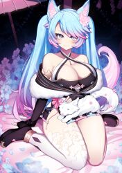 Rule 34 | 1girl, absurdres, akagi (sk0127aho), animal ear fluff, animal ears, black footwear, black kimono, black sleeves, blue eyes, blue hair, blush, breasts, cleavage, criss-cross halter, detached sleeves, floral print, flower, flower-shaped pupils, hair flower, hair ornament, halterneck, highres, japanese clothes, kimono, large breasts, long hair, looking at viewer, multicolored hair, multicolored tail, nail polish, petting, pink hair, pink tail, shoes, silvervale, streaked hair, swept bangs, symbol-shaped pupils, tail, thighhighs, twintails, virtual youtuber, vshojo, white thighhighs, wolf, wolf ears, wolf girl, wolf tail