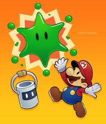 Rule 34 | 1boy, 2others, big paint star, blue overalls, boots, brown footwear, brown hair, facial hair, gloves, gradient background, hat, highres, huey (paper mario), mario, mario (series), multiple others, mustache, nintendo, open mouth, orange background, overalls, paper mario, paper mario: color splash, red headwear, red shirt, shirt, short hair, vinny (dingitydingus), white gloves