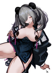 Rule 34 | 1girl, animal ears, arknights, arm support, bare shoulders, bear ears, black dress, black hair, black jacket, black panties, breasts, breasts apart, breasts out, dress, fang, feater (arknights), highres, jacket, large breasts, long hair, long sleeves, looking at viewer, multicolored hair, off shoulder, open clothes, open jacket, open mouth, orange eyes, panties, panty pull, pasties, razu (rus), short dress, signature, silver hair, simple background, skin fang, solo, squatting, tassel, twintails, two-tone hair, underwear, white background