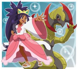 Rule 34 | 1girl, :d, border, brown eyes, claws, clenched hand, commentary request, creatures (company), dark-skinned female, dark skin, dress, game freak, gen 5 pokemon, haxorus, iris (pokemon), long hair, nintendo, onomekaman, open mouth, outside border, outstretched arm, pokemon, pokemon (anime), pokemon (creature), pokemon journeys, purple hair, sandals, smile, sparkle, spread fingers, teeth, toes, tongue, upper teeth only, very long hair, white border, white footwear, wide sleeves