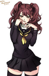 Rule 34 | 1girl, brown eyes, brown hair, earrings, jewelry, kujikawa rise, long hair, looking at viewer, mina cream, persona, persona 4, school uniform, solo, thighhighs, twintails