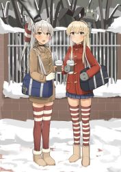 Rule 34 | 2girls, alternate costume, amatsukaze (kancolle), bad id, bad pixiv id, bag, bag charm, blonde hair, boots, brown coat, charm (object), coat, cup, disposable cup, fang, full body, gloves, hair tubes, highres, holding, holding cup, kantai collection, charm (object), long hair, long sleeves, looking at viewer, miniskirt, mittens, multiple girls, official style, open mouth, osananajimi neko, outdoors, red coat, red legwear, rensouhou-chan, revision, shimakaze (kancolle), silver hair, single glove, skirt, smile, snow, standing, steam, striped clothes, striped legwear, striped thighhighs, thighhighs, two side up, zettai ryouiki