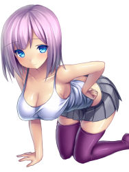Rule 34 | 1girl, 3:, arm support, black thighhighs, blue eyes, blush, breasts, cleavage, collarbone, hand on own hip, hanging breasts, kneeling, large breasts, midriff, pleated skirt, purple thighhighs, shirt, short hair, silver hair, simple background, skirt, solo, tank top, taut clothes, taut shirt, thighhighs, tsukumiya amane, white background, zettai ryouiki
