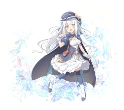 Rule 34 | alternate costume, alternate hairstyle, bag, boots, breasts, cape, full body, grey hair, hat, heterochromia, kagura gumi, kagura mea, long hair, looking at viewer, medium breasts, open mouth, pirason, ribbon, simple background, solo, thighhighs, virtual youtuber, white hair