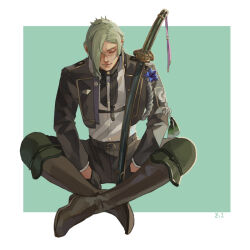 Rule 34 | 1boy, black gloves, black jacket, boots, brown footwear, chinese commentary, closed eyes, closed mouth, commentary request, dated commentary, full body, gloves, green background, green hair, grey pants, hair between eyes, hair over one eye, hizamaru (touken ranbu), jacket, katana, male focus, military, military uniform, open clothes, open jacket, pants, scabbard, sheath, sheathed, shirt, short hair, signature, sitting, solo, sword, touken ranbu, uniform, weapon, white background, white shirt, zi tsas