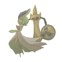 1girl aegislash arm_up black_sclera bob_cut bright_pupils closed_eyes colored_sclera colored_skin creatures_(company) dancing flat_chest floating full_body game_freak gardevoir gen_3_pokemon gen_6_pokemon green_hair green_skin hair_over_one_eye half-closed_eyes highres holding_hands looking_at_another multicolored_skin napopo nintendo no_mouth one-eyed one_eye_covered pokemon pokemon_(creature) purple_eyes shield short_hair simple_background sketch standing sword two-tone_skin u_u weapon white_background white_pupils white_skin